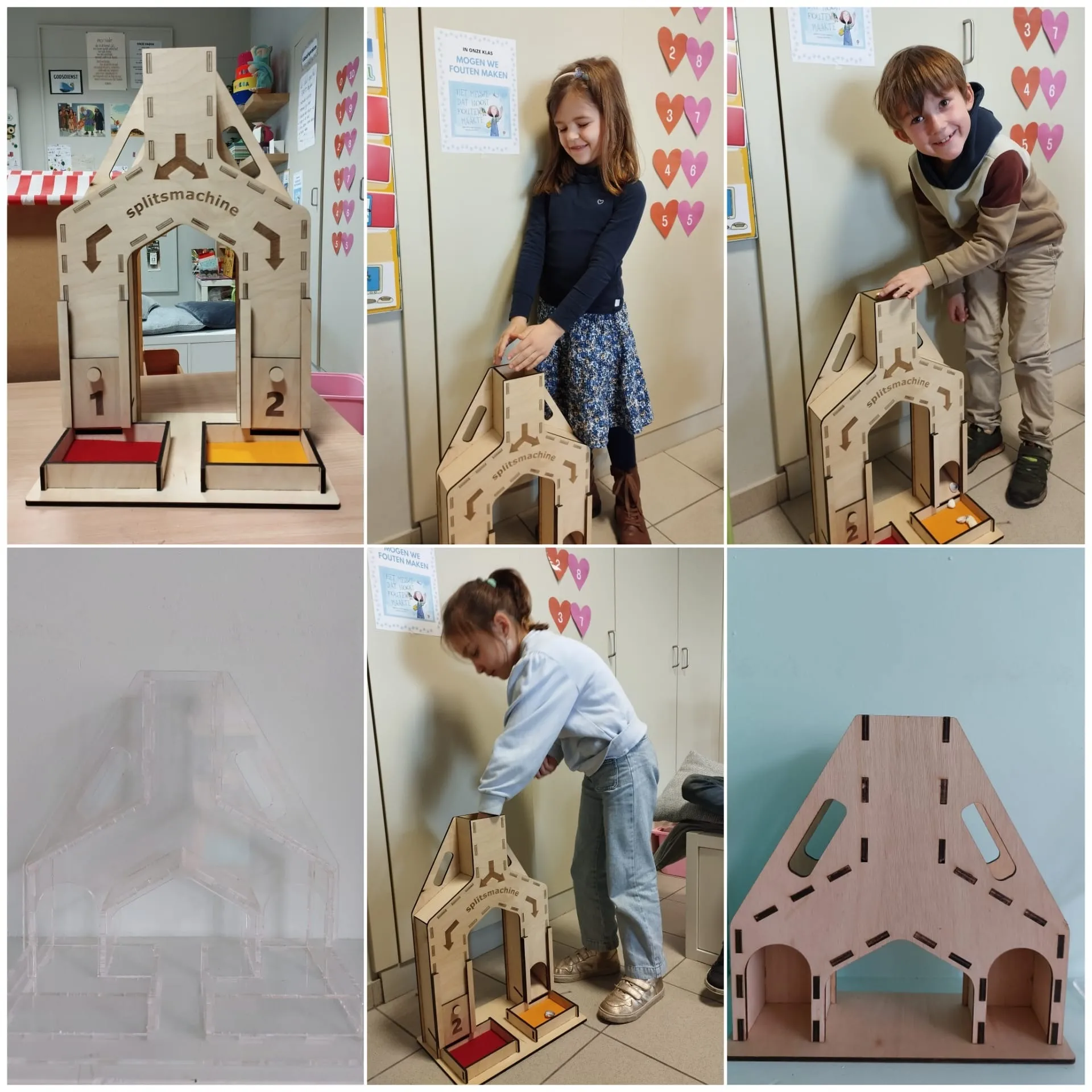 Basisschool de Linde was op zoek naar een splitsmachine om hun leerlingen te helpen met optellen. Na overleg (en enkele prototypes) kwamen 2 ontwerpen tot stand. Het grootste ontwerp moest groot genoeg zijn voor 10 tennisballen (knikkers, noten, schelpjes,...). Het kleine (onderaan links) hadden ze graag doorzichtig om de kleuters te helpen visualiseren.