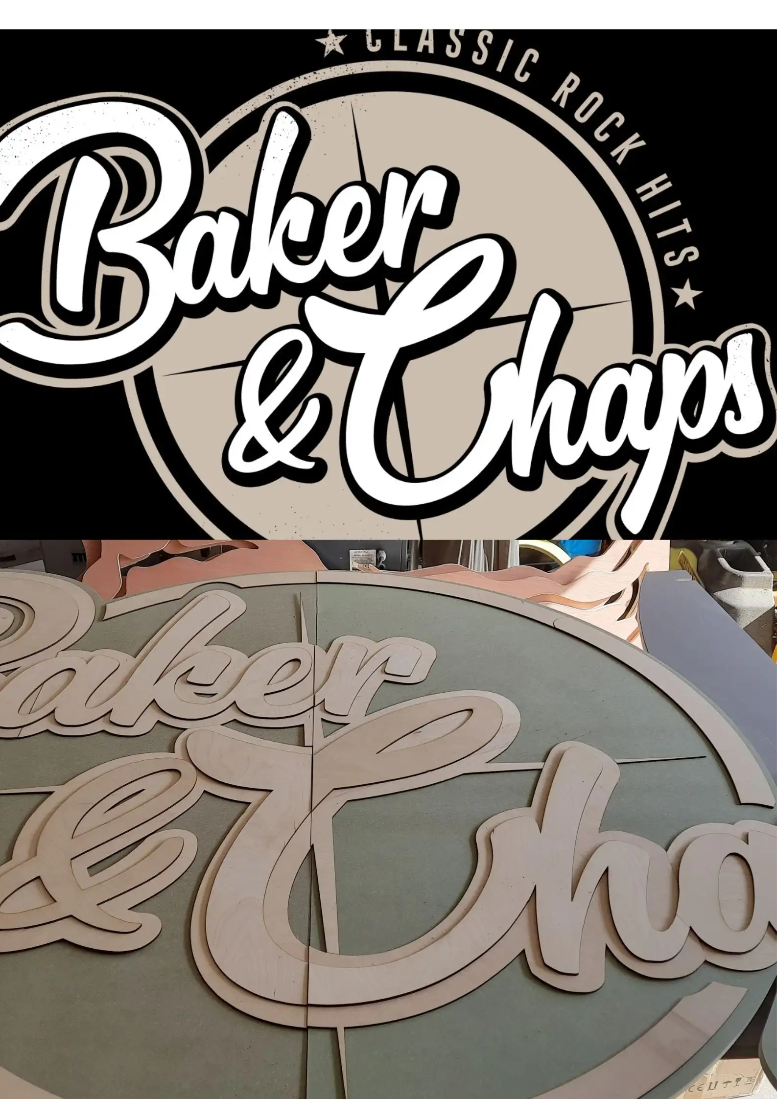 Logo "Baker and Chaps" met daaronder het uitgefreesde werkstuk.