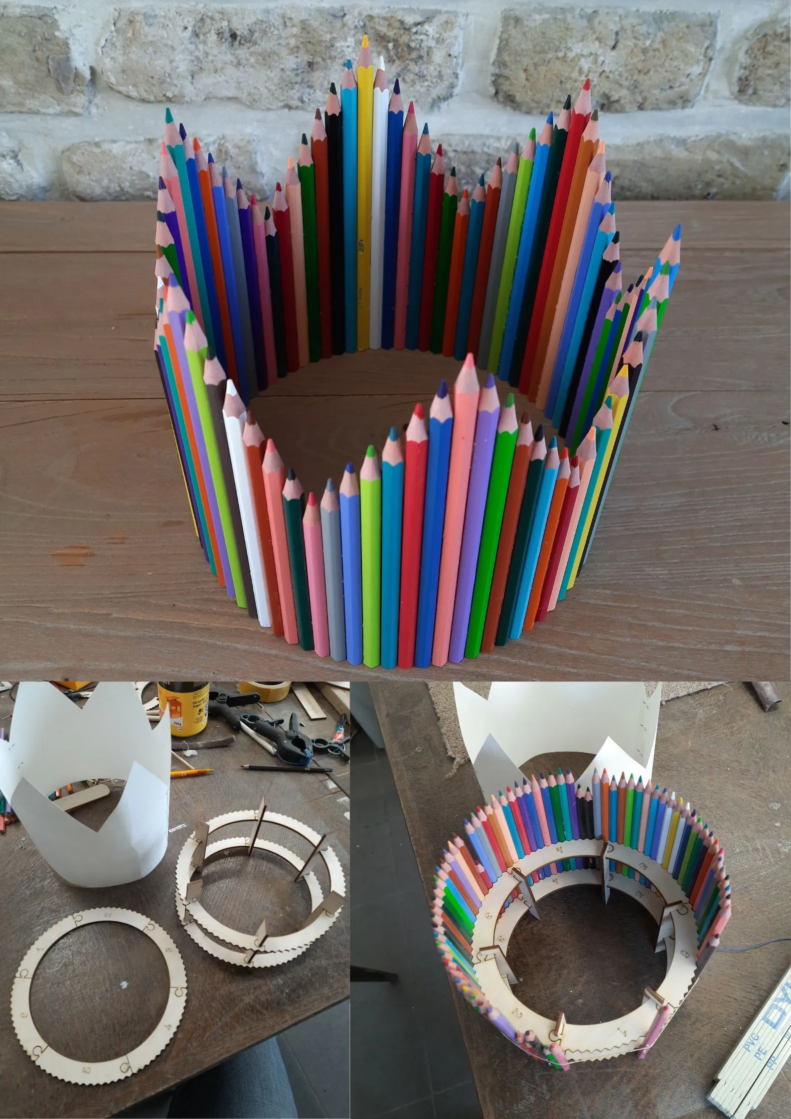 kunstobject: verjaardagskroon gemaakt uit potloden.