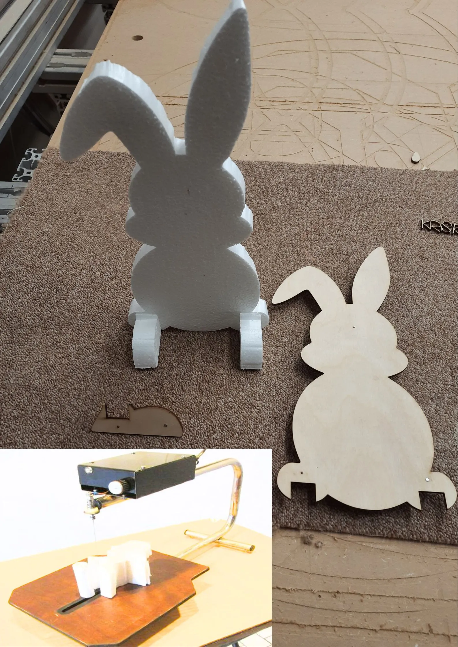 Met een hete draad kan je door piepschuim snijden. Ik maak houten vormen zodat leerlingen gemakkelijk de randen kunnen volgen en een mooie figuur kunnen snijden uit piepschuim. deze vorm is van een paashaas.